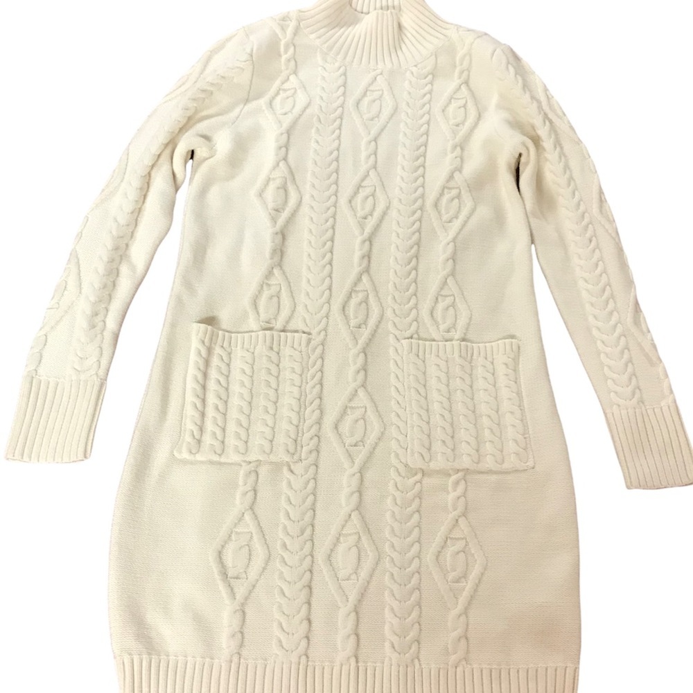 Sweater dress cable knit white ivory size m pockets Mock turtleneck